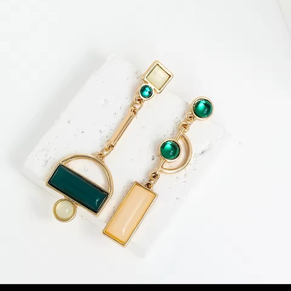 Anthropologie Gold and Green Asymmetrical Geometric Earrings - Picture 7 of 15